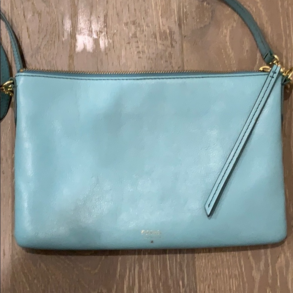 FOSSIL blue leather & gold hardware crossbody bag - Picture 2 of 7